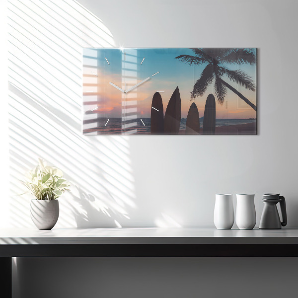 Glass wall clock rectangular Surfing on the beach