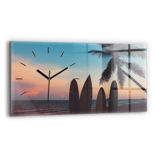Glass wall clock rectangular Surfing on the beach