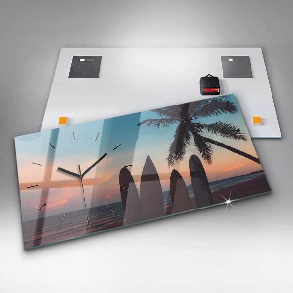 Glass wall clock rectangular Surfing on the beach