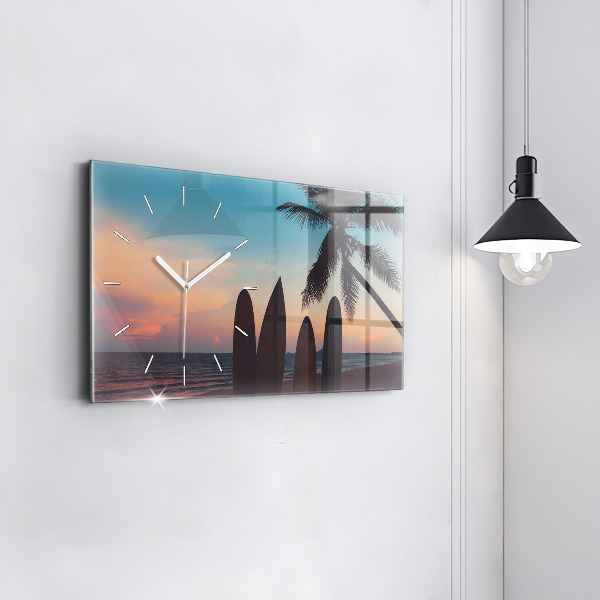 Glass wall clock rectangular Surfing on the beach
