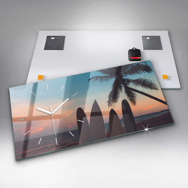 Glass wall clock rectangular Surfing on the beach