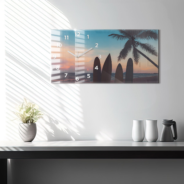 Glass wall clock rectangular Surfing on the beach