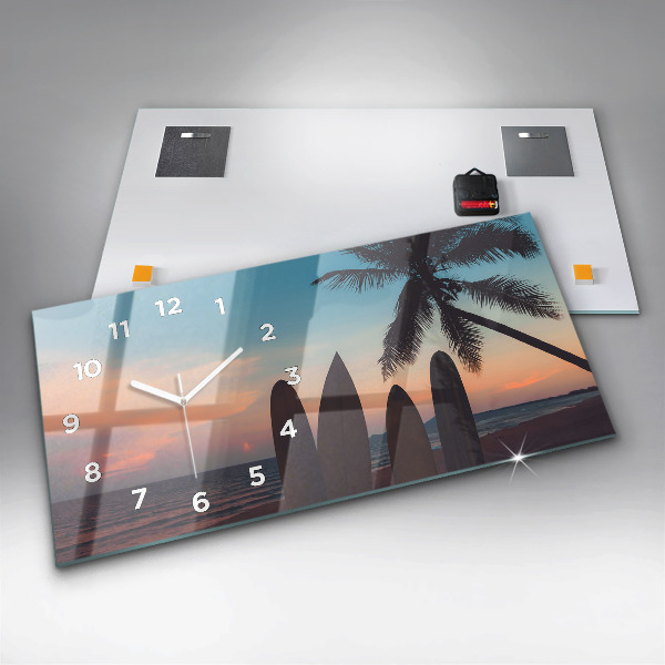 Glass wall clock rectangular Surfing on the beach