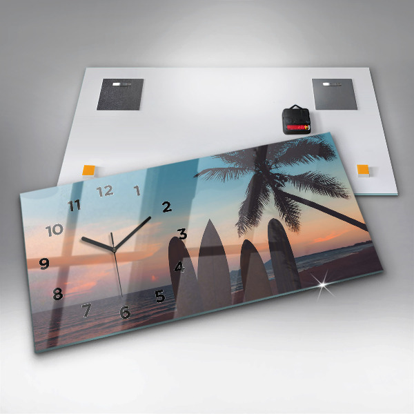 Glass wall clock rectangular Surfing on the beach