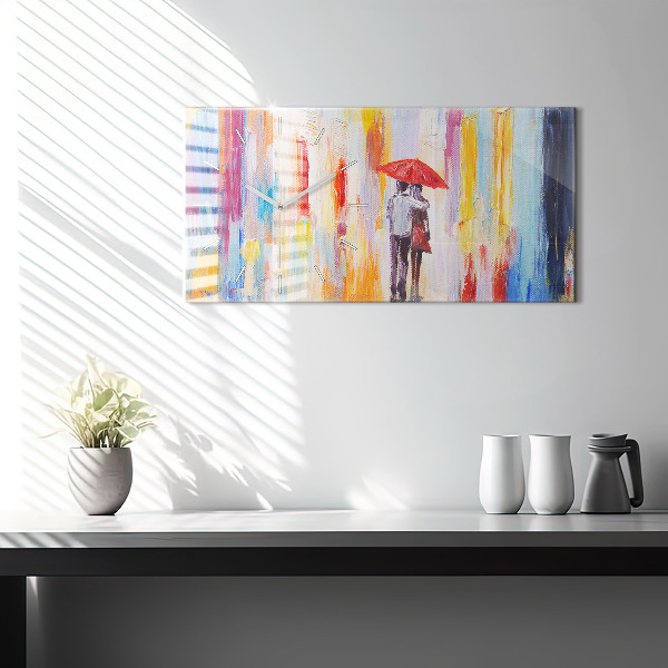 Glass wall clock rectangular Couple in the rain