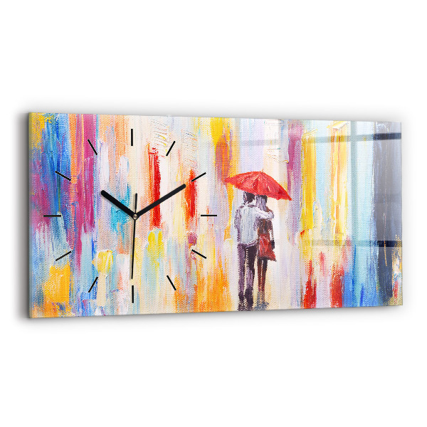 Glass wall clock rectangular Couple in the rain