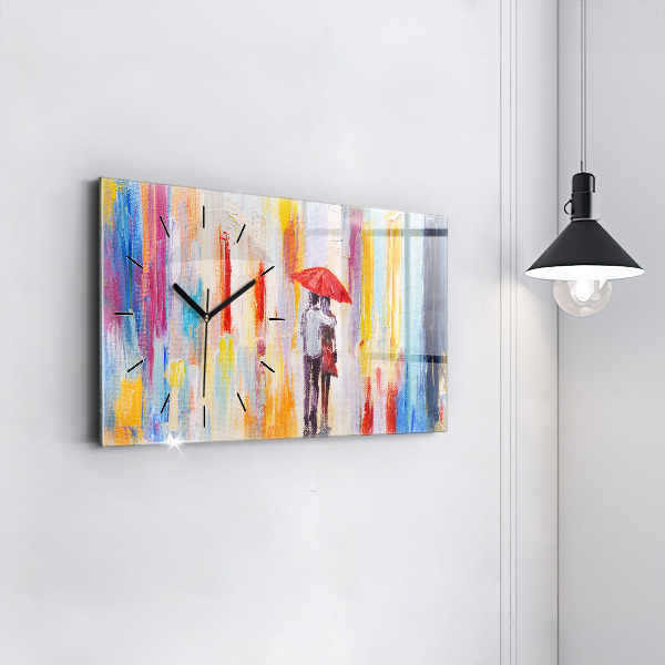 Glass wall clock rectangular Couple in the rain