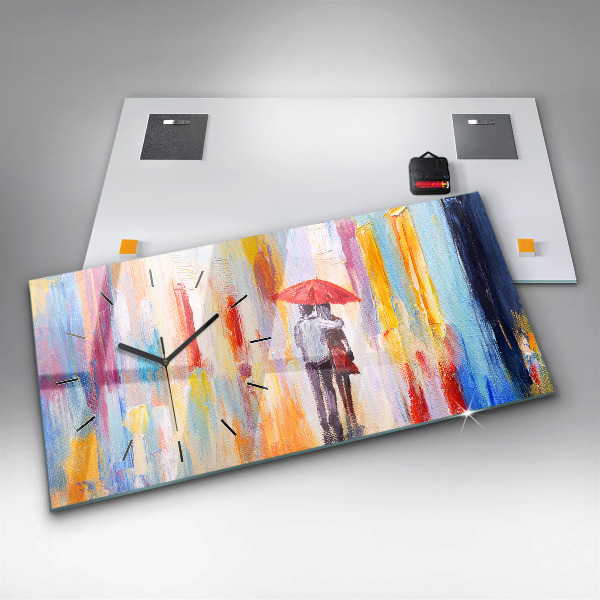 Glass wall clock rectangular Couple in the rain