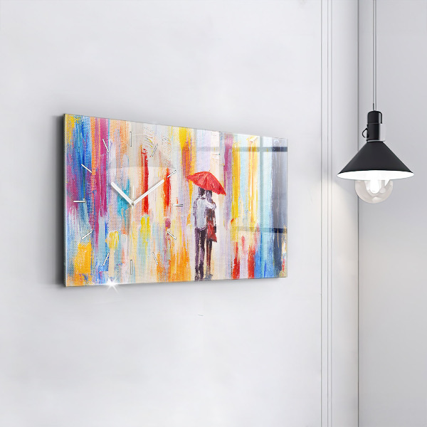 Glass wall clock rectangular Couple in the rain