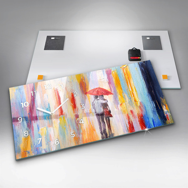 Glass wall clock rectangular Couple in the rain