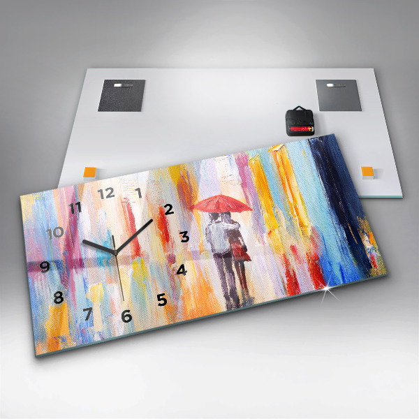 Glass wall clock rectangular Couple in the rain