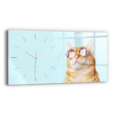 Glass wall clock rectangular Funny cat with glasses