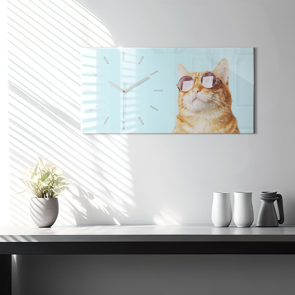 Glass wall clock rectangular Funny cat with glasses