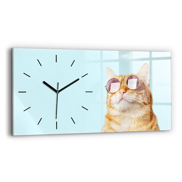 Glass wall clock rectangular Funny cat with glasses