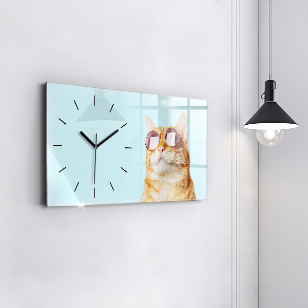 Glass wall clock rectangular Funny cat with glasses