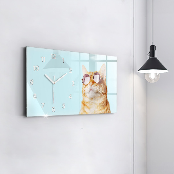 Glass wall clock rectangular Funny cat with glasses