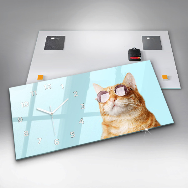 Glass wall clock rectangular Funny cat with glasses
