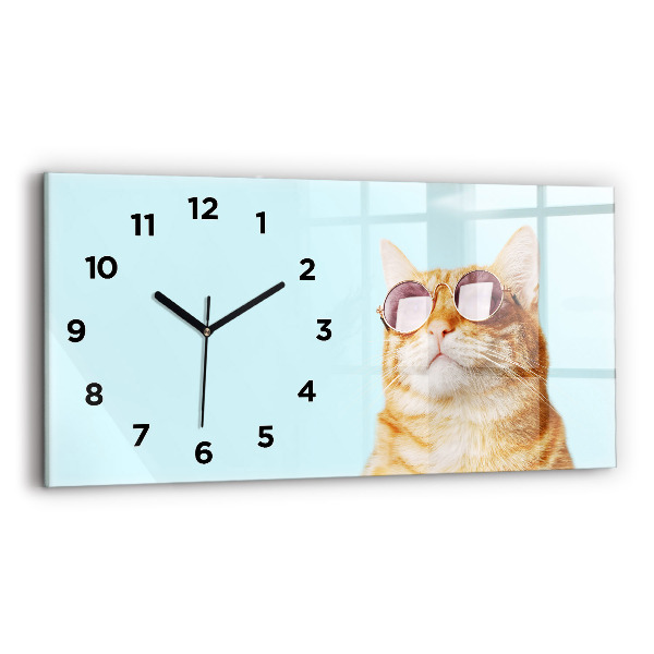 Glass wall clock rectangular Funny cat with glasses