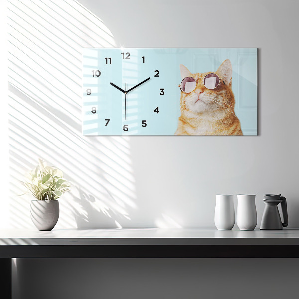Glass wall clock rectangular Funny cat with glasses