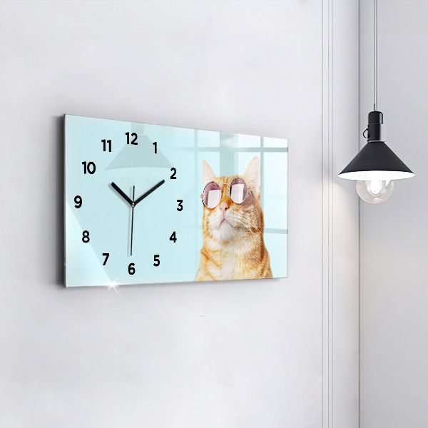 Glass wall clock rectangular Funny cat with glasses
