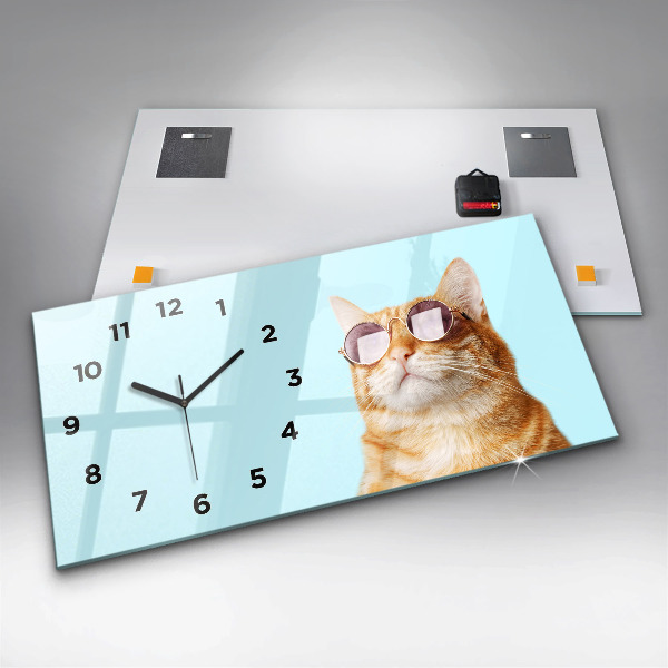 Glass wall clock rectangular Funny cat with glasses