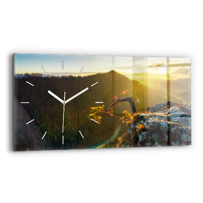 Glass wall clock rectangular Sunset over the mountains