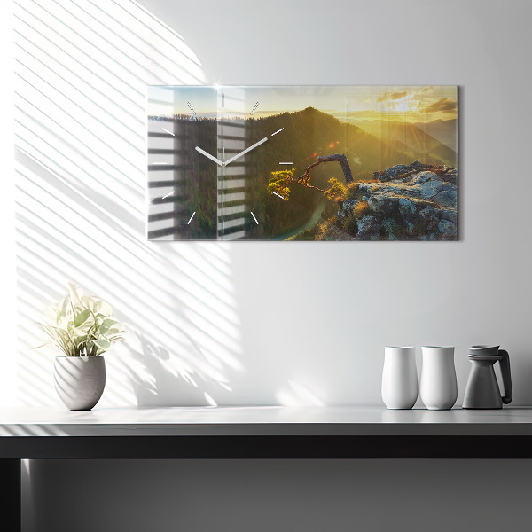 Glass wall clock rectangular Sunset over the mountains