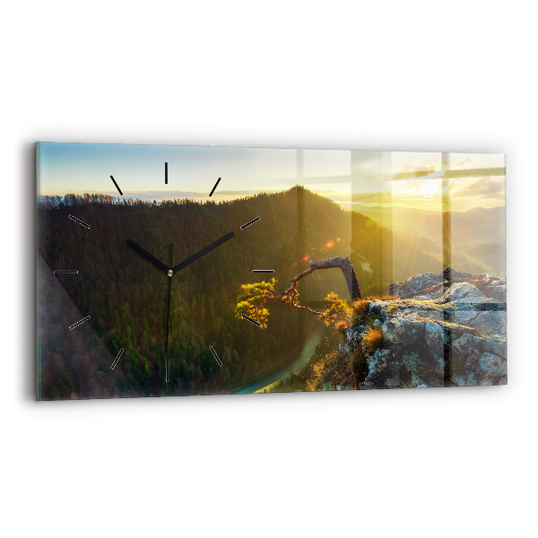 Glass wall clock rectangular Sunset over the mountains