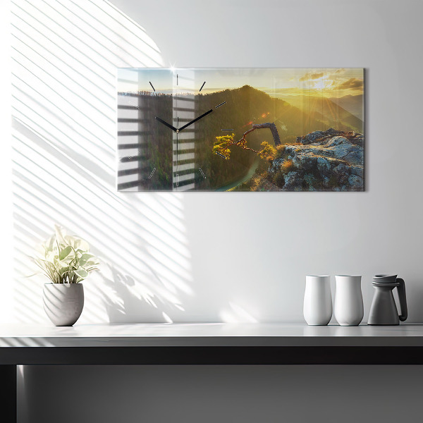Glass wall clock rectangular Sunset over the mountains