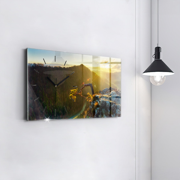 Glass wall clock rectangular Sunset over the mountains