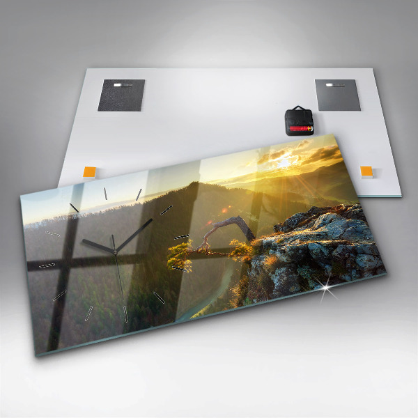 Glass wall clock rectangular Sunset over the mountains