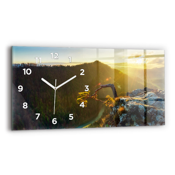 Glass wall clock rectangular Sunset over the mountains