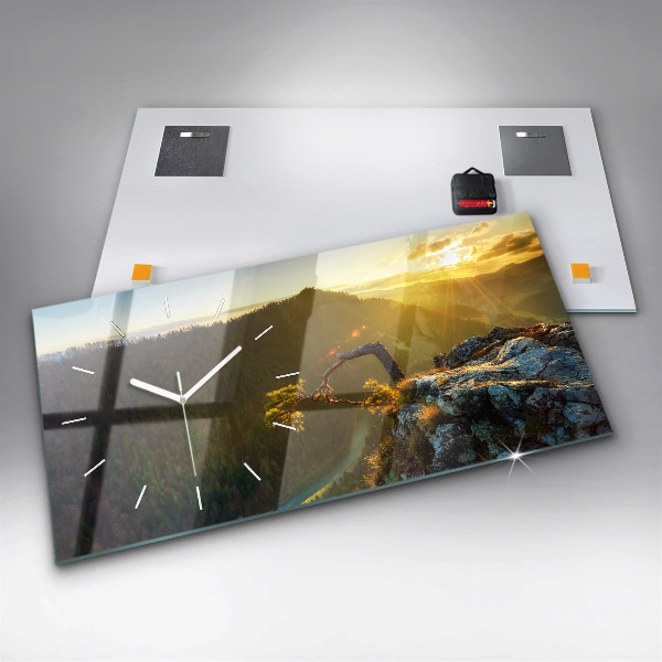 Glass wall clock rectangular Sunset over the mountains