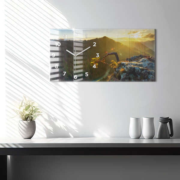 Glass wall clock rectangular Sunset over the mountains