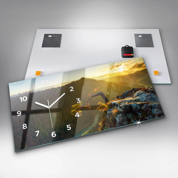 Glass wall clock rectangular Sunset over the mountains
