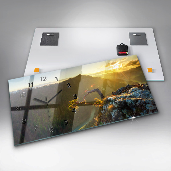 Glass wall clock rectangular Sunset over the mountains