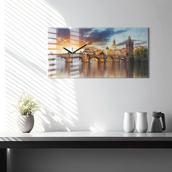 Glass wall clock rectangular Panorama over the river