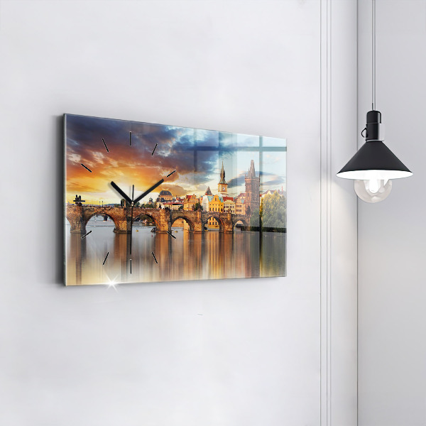 Glass wall clock rectangular Panorama over the river