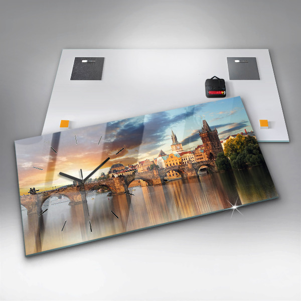 Glass wall clock rectangular Panorama over the river