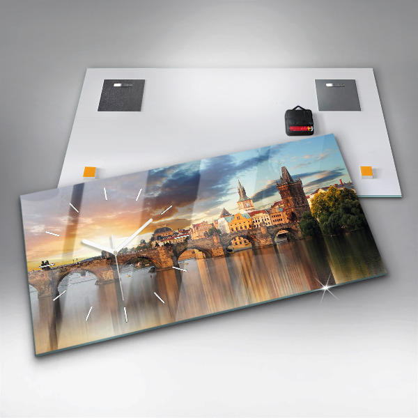 Glass wall clock rectangular Panorama over the river