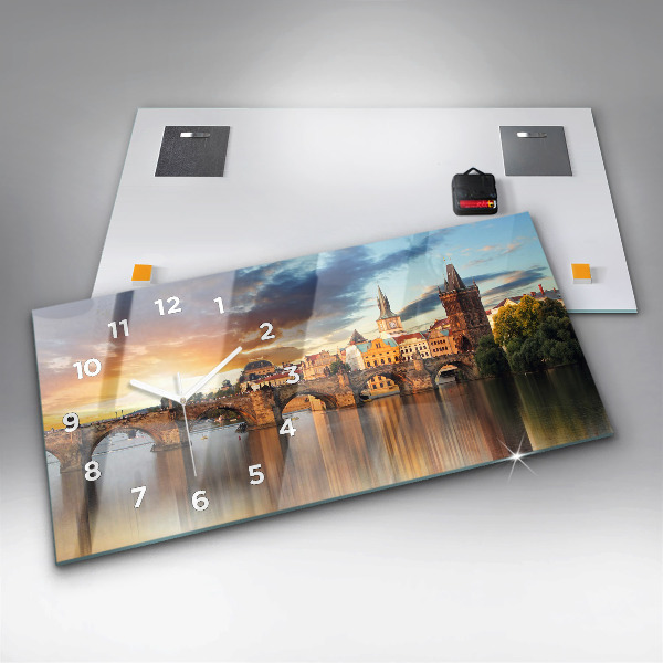 Glass wall clock rectangular Panorama over the river