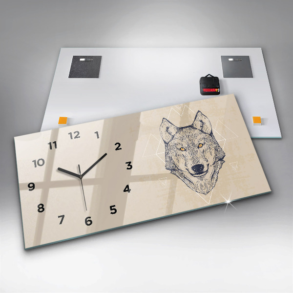 Glass wall clock rectangular Wolf head