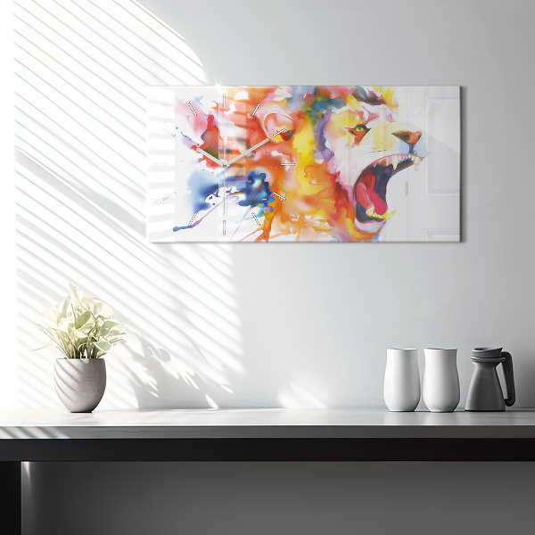 Glass wall clock rectangular Lion - watercolor