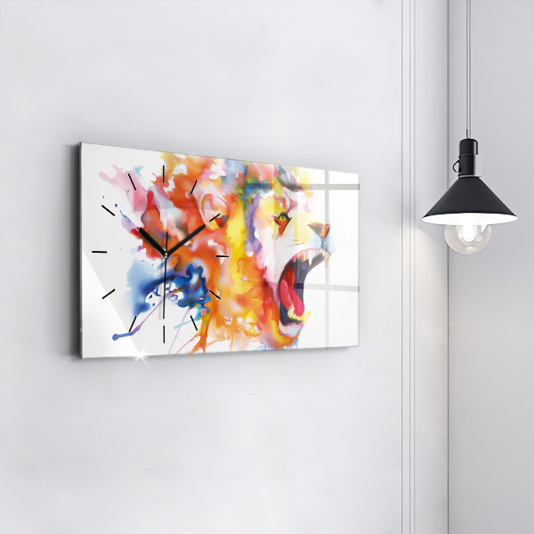 Glass wall clock rectangular Lion - watercolor