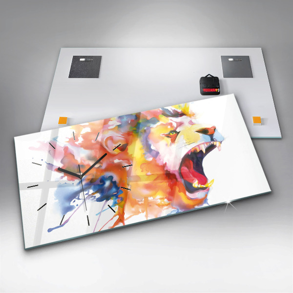 Glass wall clock rectangular Lion - watercolor