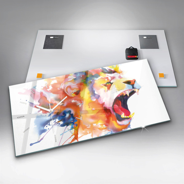Glass wall clock rectangular Lion - watercolor