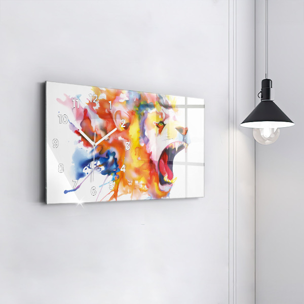 Glass wall clock rectangular Lion - watercolor