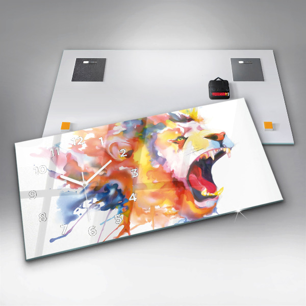 Glass wall clock rectangular Lion - watercolor