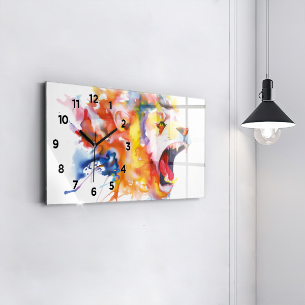 Glass wall clock rectangular Lion - watercolor