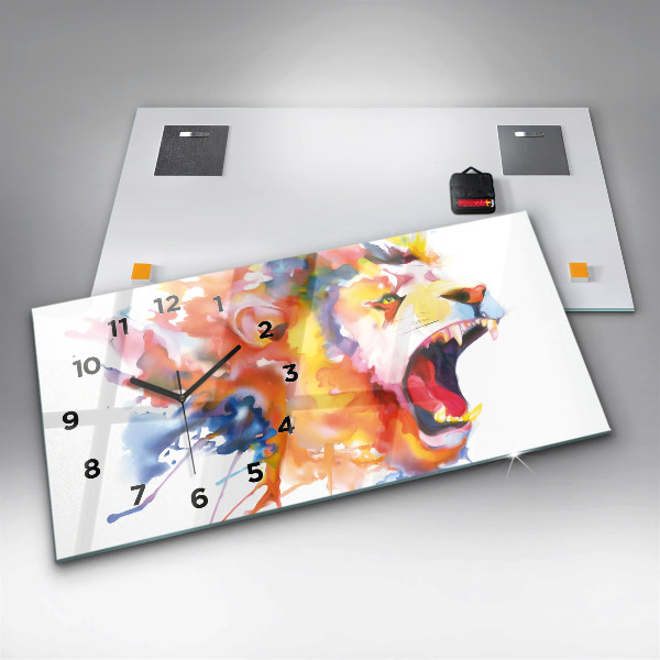 Glass wall clock rectangular Lion - watercolor